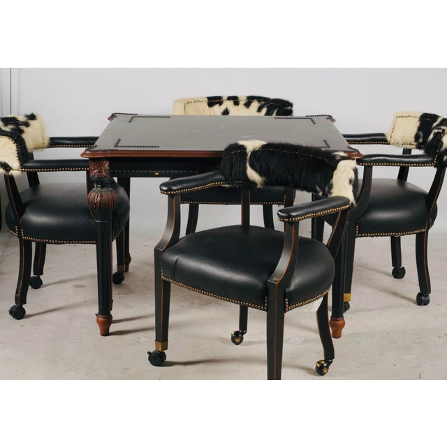 Late 20th Century Hooker Furniture Ebonized Leather Games Table & Four Cowhide Armchairs For Sale - Image 13 of 17