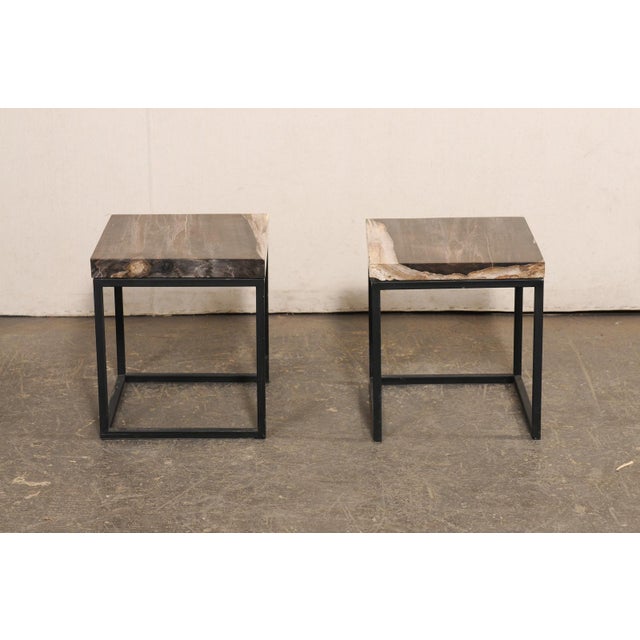 Wood Black & Tan Petrified Wood Top Side Tables - A Pair For Sale - Image 7 of 11