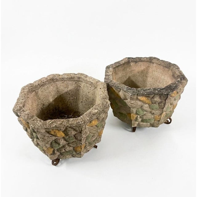 Brutalist Pair of Mid-Century Brutalist Cast Stone Mosaic Planters For Sale - Image 3 of 9