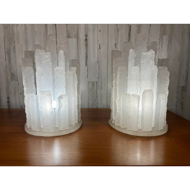 Skyscraper frosted and chiseled stacked Lucite table lamps in the style of Van Teal.