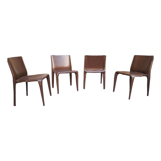 Stackable Bull Chairs in Dark Brown Leather by Mario Bellini for Cassina, 1990s, Set of 4 For Sale