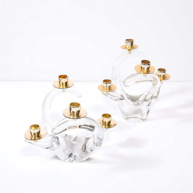 Pair of Mid-Century Amorphic Crystal & Brass 4 Arm Candelabras Signed Schneider For Sale In New York - Image 6 of 12