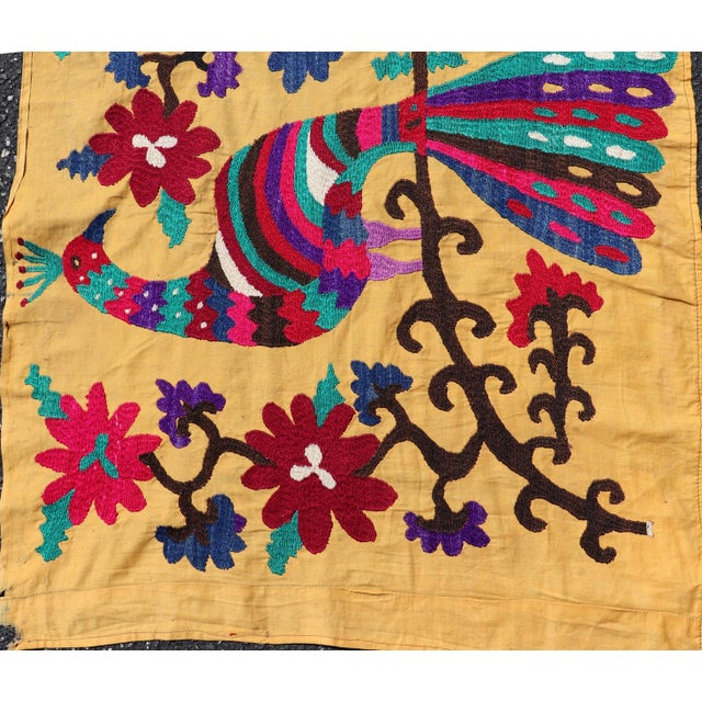 Textile Antique Uzbekistan Suzani Runner With Colorful Peacock and Botanical Design For Sale - Image 7 of 14