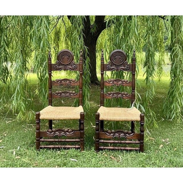 Pair Antique Victorian Carved Ladder Back Chairs-Rush Seat-Hall-19th C-Colonial For Sale - Image 9 of 12