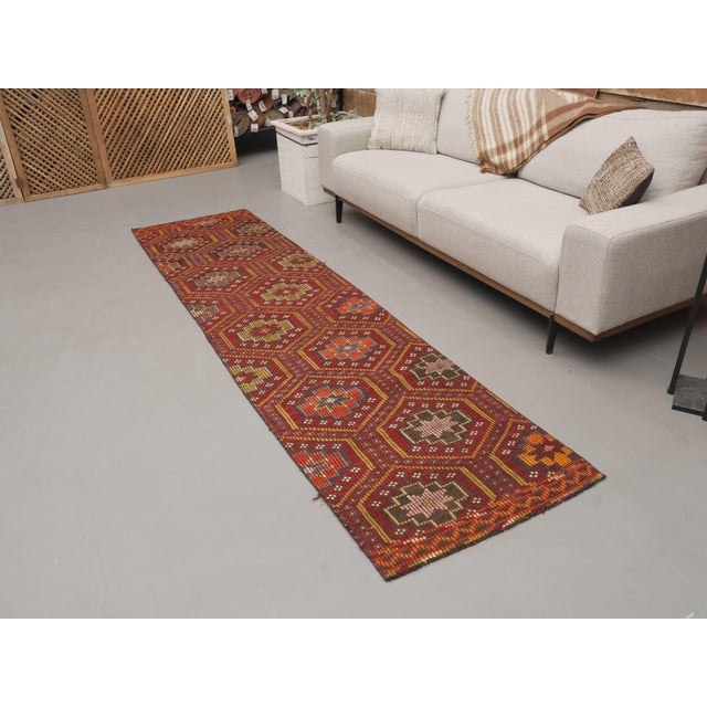 1970s Vintage Handmade Wool Cotton Red Cicim Kilim Runner Rug For Sale - Image 10 of 11