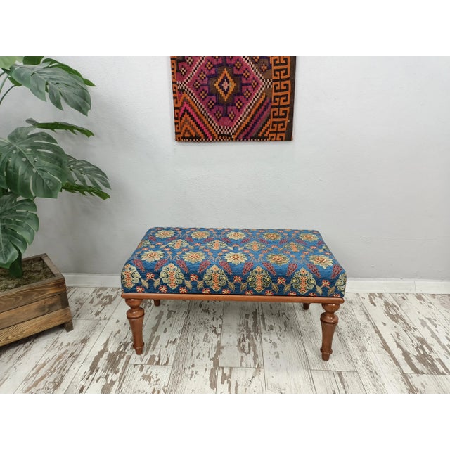 Navy Rug Upholstered Walnut Ottoman Bench For Sale - Image 4 of 9