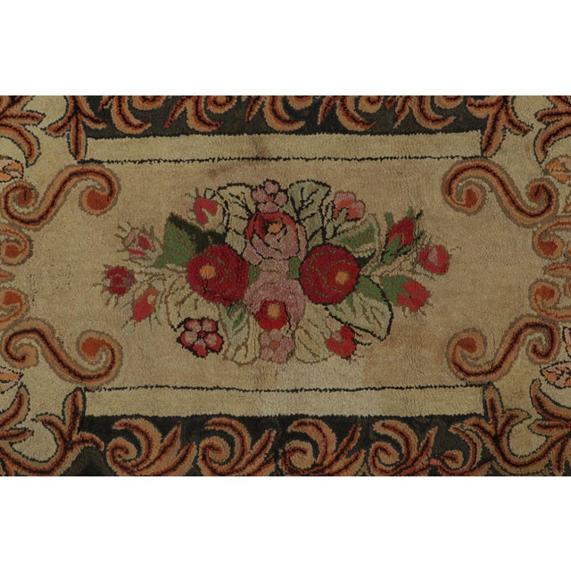 Victorian Antique Hooked Rug With Floral Bouquet Medallion in Beige & Black - Rug & Kilim For Sale - Image 3 of 8