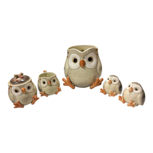 1970s Fitz and Floyd Hand Painted Owl Form Japanese Tea Set Tea Pot Creamer Sugar Salt Pepper -S/5