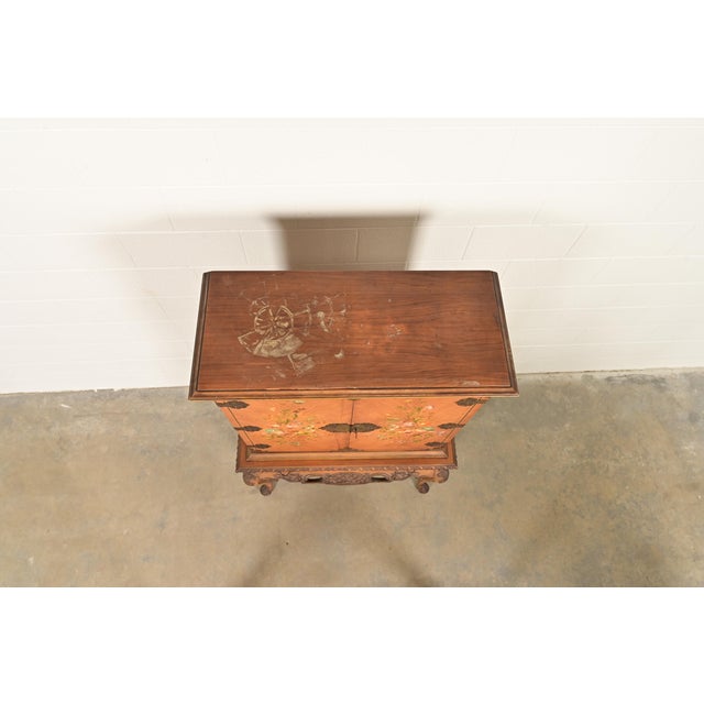 Berkey & Gay Style Antique Georgian Carved Satinwood Hand Painted Bookcase or Bar Cabinet, Circa 1920s For Sale - Image 10 of 13