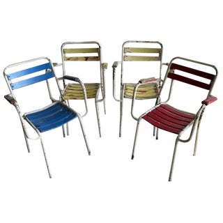 Vintage Metal and Wooden Seating Garden Armchairs, 1970s, Set of 4 For Sale