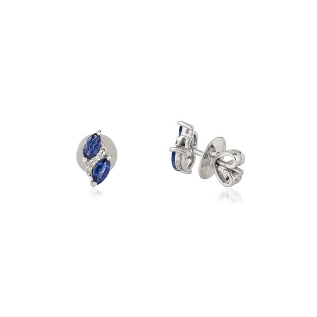 Not Yet Made - Made To Order Natural Marquise Blue Sapphire & Diamond Cluster Stud Earrings in 14k Gold- A Pair For Sale - Image 5 of 11