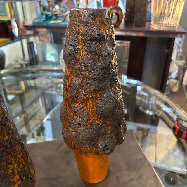 Two 1980s Modernist Orange and Black Fat Lava Ceramic German Vases For Sale - Image 6 of 11