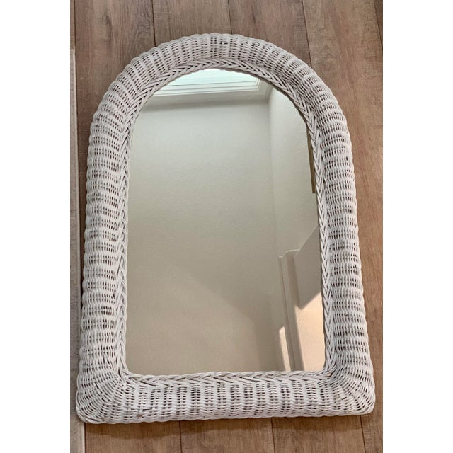 Farmhouse Vintage Arched White Wicker Wall Mirror For Sale - Image 3 of 9
