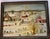 A nice naive folk art acrylic painting on canvas board of a village farm scene with people and animals in winter.