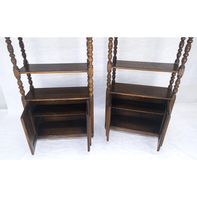 Pair of Solid Oak Spanish Colonial Etageres Shelves w/ Storage Cabinets & Finial For Sale - Image 12 of 17