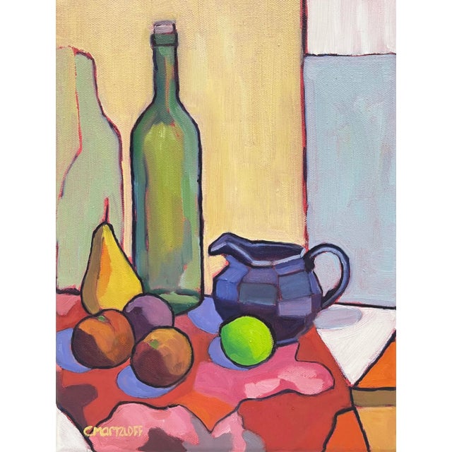 "The Geometry of Color" Contemporary Still Life With Green Glass Bottle For Sale