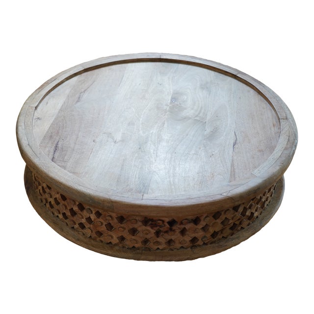 West Elm Carved Wood Round Coffee Table | Chairish