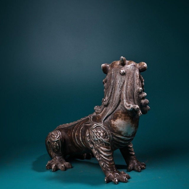 Vintage Silver-Inlaid Bronze Unicorn Figure - Mythical Beast Sculpture For Sale - Image 4 of 9