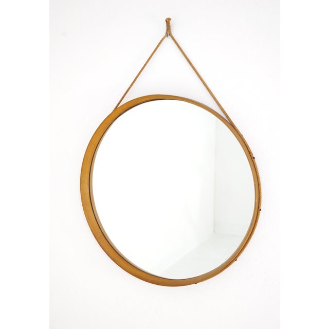 Glass Mid-Century Modern Round Wooden Wall Mirror with Rope, 1950s For Sale - Image 7 of 15