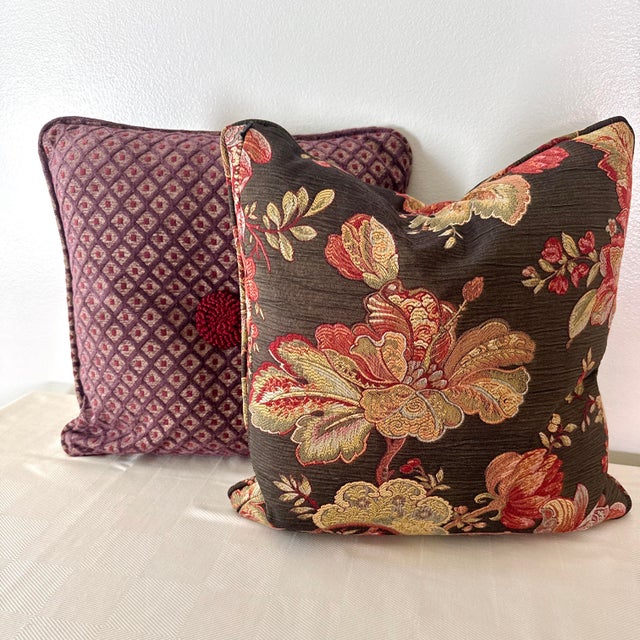 Textile Vintage Diamond Cut Chenille Pillows With Rosette, a Pair For Sale - Image 7 of 11