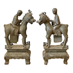 Vintage Asian Pewter Immortal Couple Garden Ornaments - Set of 2