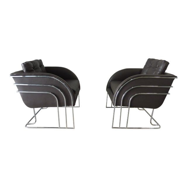 1970's Mid-Century Modern Milo Baughman Chrome and Leather Club Chairs - a Pair For Sale