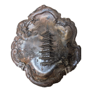 Antique Bronze Relief, Meiji Japanese Scene With Bordering Dragons