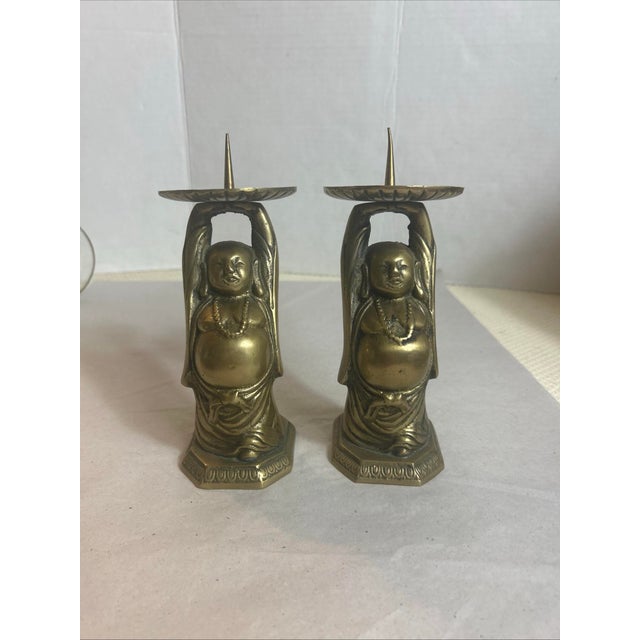 Metal Vintage Brass Buddha Altar Candle Holders - A Pair For Sale - Image 7 of 12