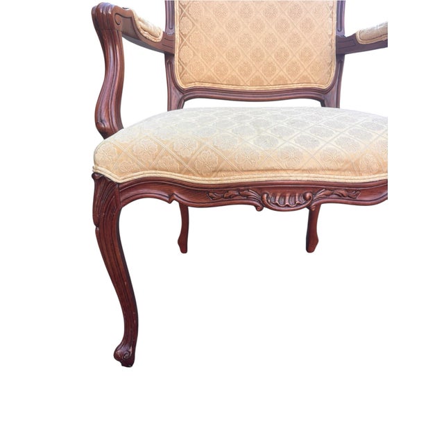 Ethan Allen French Louis XV Style Carved Cherry Armchair in Cream Damask For Sale In Greensboro - Image 6 of 11