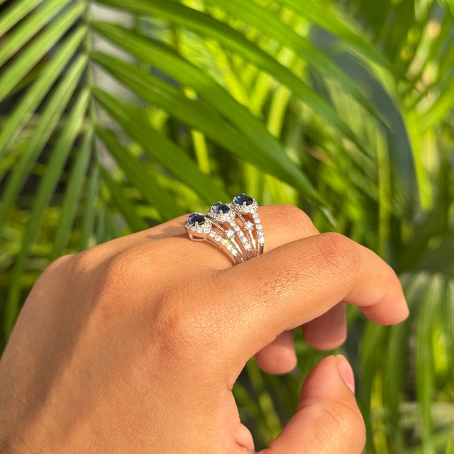 1 Ct Blue Sapphire & Diamond Multi Row Statement Ring Size 6.5 in 14k White Gold For Sale - Image 12 of 16