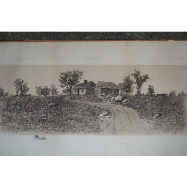 Black Antique Thatched Cottage Country Farmhouse Panoramic Landscape Etching 28" For Sale - Image 8 of 11