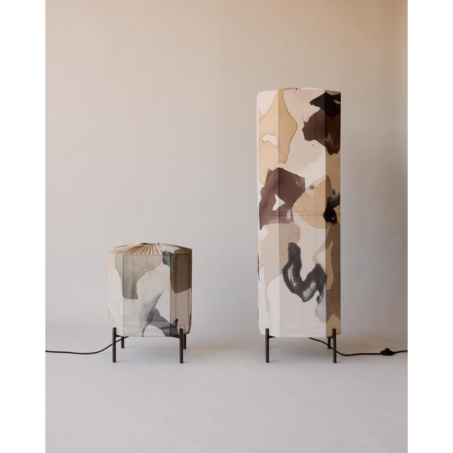 Contemporary Hand-Painted Silk Standing Table Lantern on Metal Base For Sale - Image 3 of 8