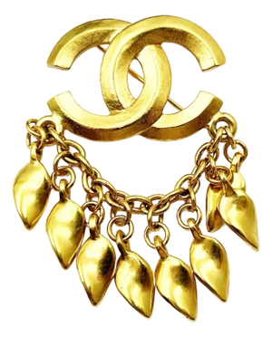 1990s Chanel Rare Vintage Gold Plated CC Dangling Leaves Brooch