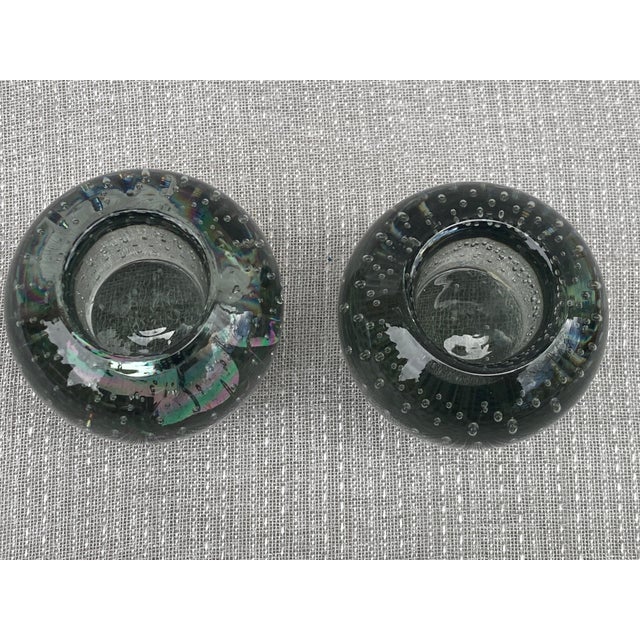 Vintage Gray Controlled Bubble Glass Candle Holders a Pair For Sale - Image 9 of 11