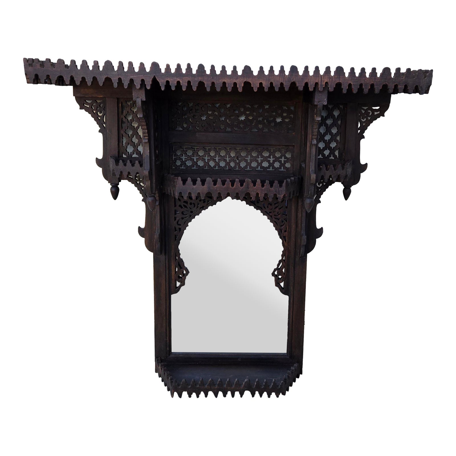 Vintage Moroccan Musharabi Brown Wooden Wall Mirror Shelf Combo Chairish