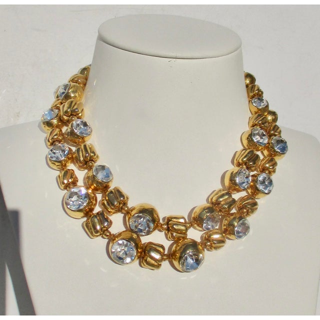 Metal Chanel Necklace Gold Plated With Faceted Rhinestones For Sale - Image 7 of 10
