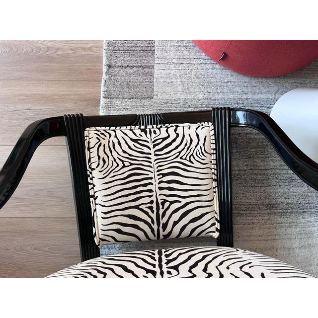 Black Glossy and Cotton Velvet Zebra Armchairs- A Pair For Sale - Image 10 of 11