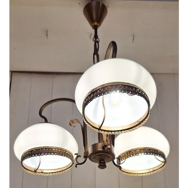 1980s Vintage Three-Light Ceiling Lamp with Brass Frame and White Glass Shades, 1980s For Sale - Image 5 of 7