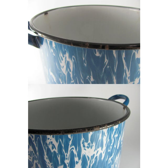 Vintage Graniteware Enamel Blue & White Swirl Marbled Mottled Agate Rustic Pot With Lid For Sale - Image 6 of 13