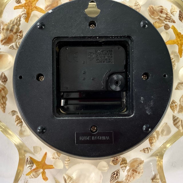 White McM-Coastal-Lucite Wall Clock – Shaped Like a Seashell-Embedded Throughout With Tiny Seashells For Sale - Image 8 of 8
