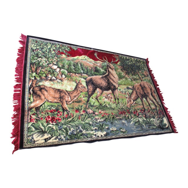 Vintage Velvet Tapestry Stag & Deer With Fawn Wall Hanging For Sale