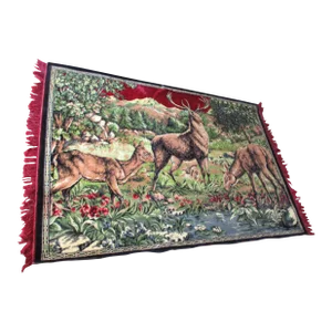 Vintage Velvet Tapestry Stag & Deer With Fawn Wall Hanging