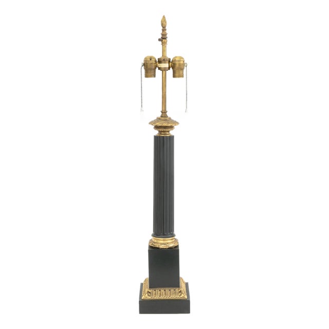 Neoclassical Style Green & Gilt Column Table Lamp For Sale