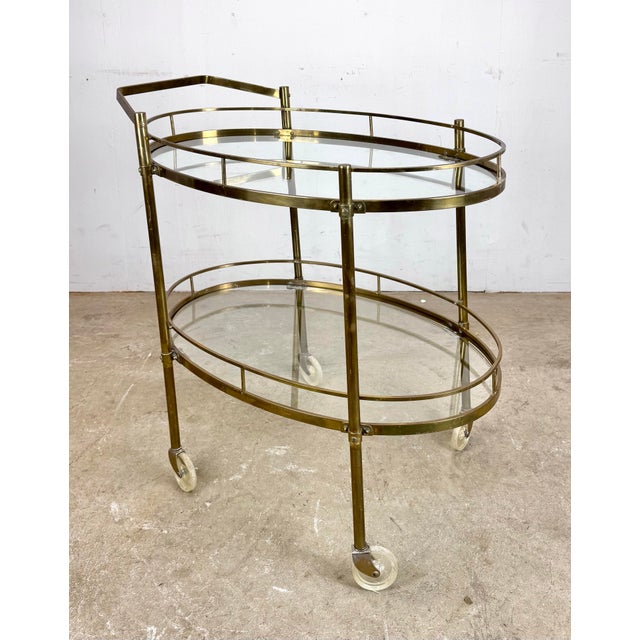 Mid 20th Century Modern / Hollywood Regency Brass Two-Tier Oval Bar Cart / Tea Cart For Sale - Image 4 of 12