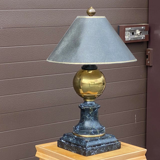 Vintage lHart Associates brass & faux finished wood large table lamp with original shade and large brass finial. Shade 20”...