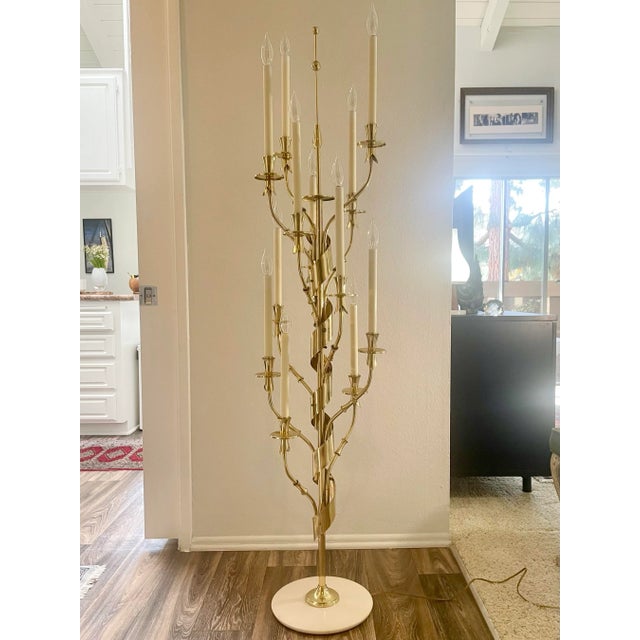 Outstanding rare Hollywood Regency style Stilnovo 12-light candelabra floor lamp with impressive scale at 66" high....