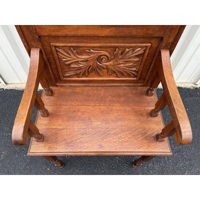 Antique Edwardian American Tiger Oak Mirrored Hall Tree Seat With Carved Motifs For Sale - Image 11 of 12