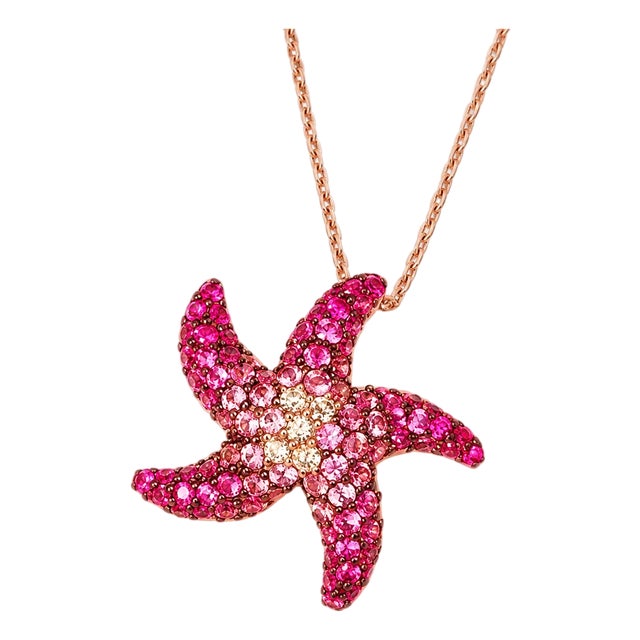 14K Rose Pink Gold Diamond Sapphire Starfish Pendant Necklace For Sale