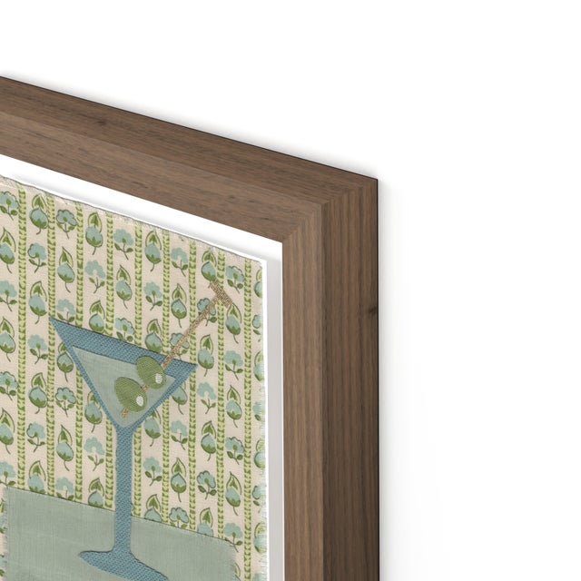 DESCRIPTION: Domino the Martini by Willa Heart in Walnut Frame, Mini Art Print This is a print of a handmade fabric...