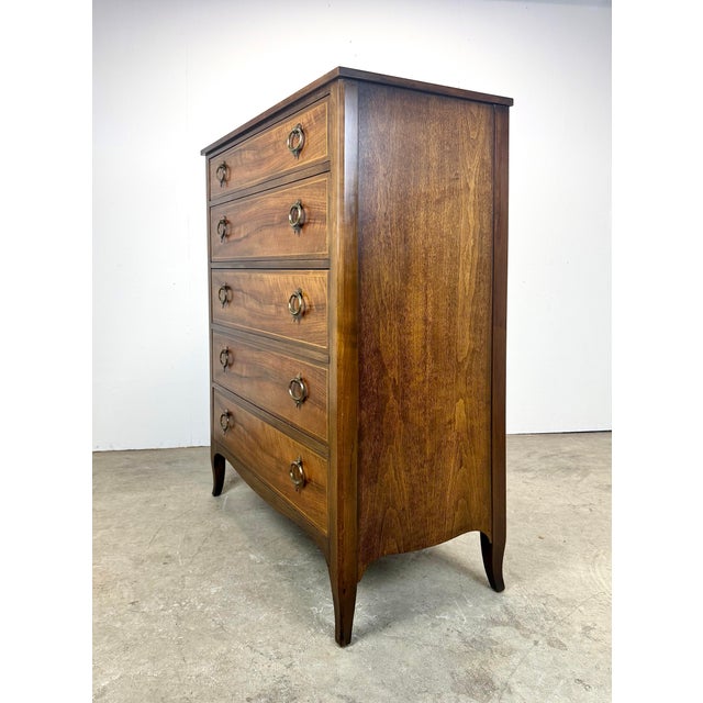 Mid 20th Century Baker Furniture Walnut /Satinwood Bow Front Tall Dresser Chest of Drawers For Sale - Image 9 of 12